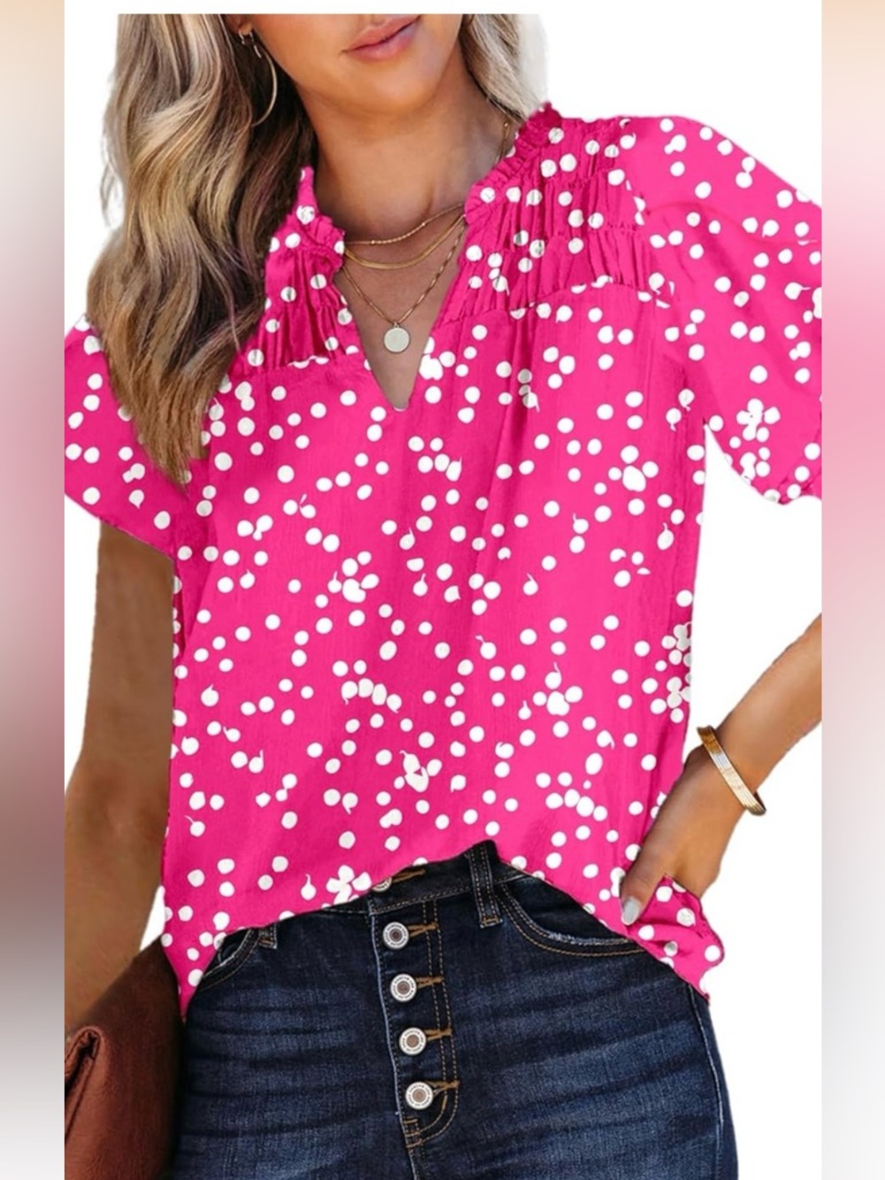 Hot Pink Printed Short-Sleeve Smocked-Neck Blouse